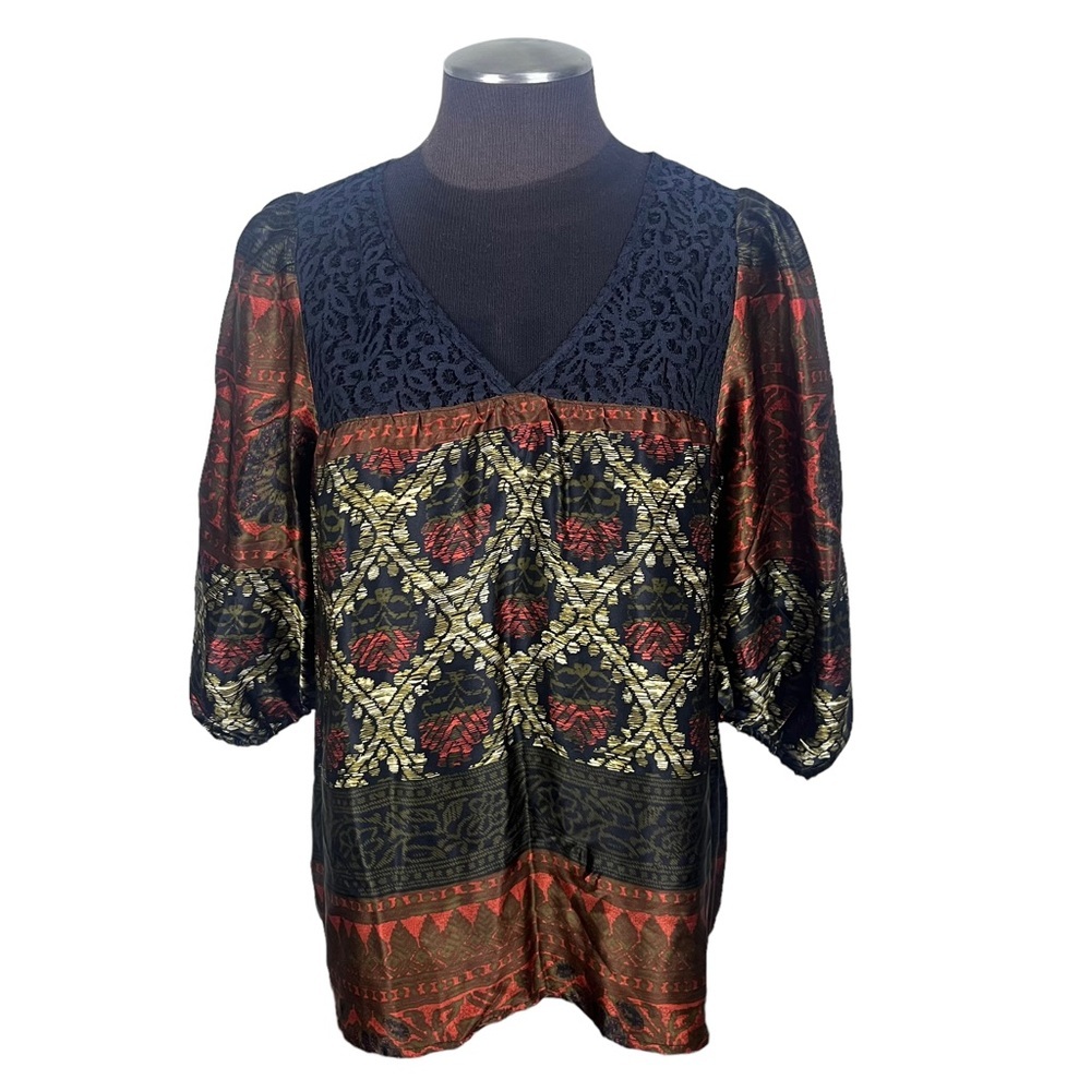 Sundance Silk Peasant Size M Boho Blouse Mixed Print Lace Top Popover Multicolor